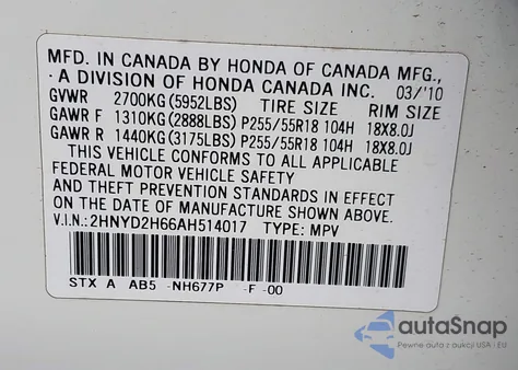2010 Acura Mdx Technology Package z USA, uszkodzony, nr VIN 2HNYD2H66AH514017